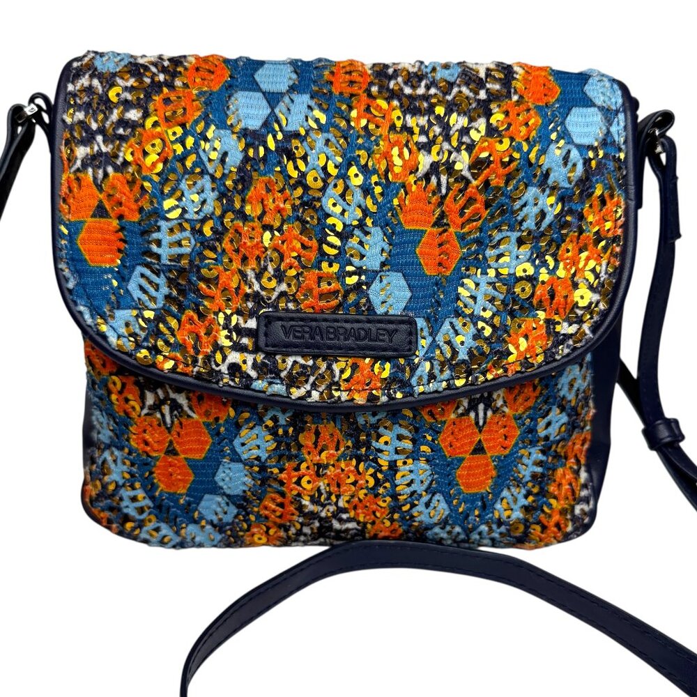Vera Bradley Navy Blue Floral Embroidered Faux Leather Shoulder Bag